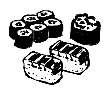 Illustration of sushi rolls and pressed sushi